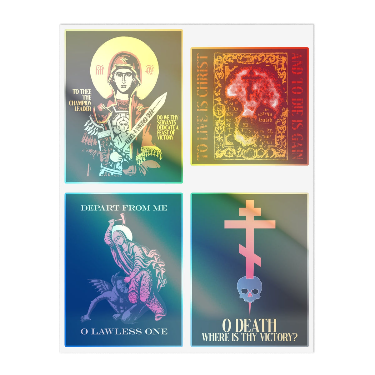 Bestseller Mix No. 1 features four Orthodox stickers—Theotokos Champion Leader, St Marina, Death Where is Thy Victory, and To Live is Christ—each with Christian-themed graphics of saints, crosses, and inspirational text on colorful backgrounds, perfect for personal devotion or daily remembrance.