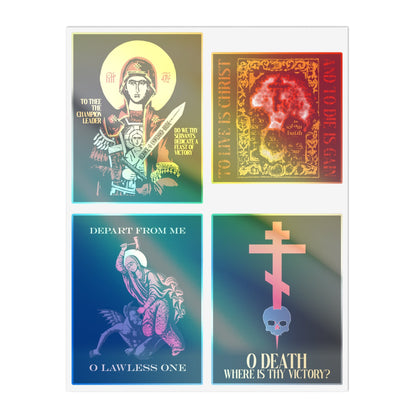 Bestseller Mix No. 1 features four Orthodox stickers—Theotokos Champion Leader, St Marina, Death Where is Thy Victory, and To Live is Christ—each with Christian-themed graphics of saints, crosses, and inspirational text on colorful backgrounds, perfect for personal devotion or daily remembrance.