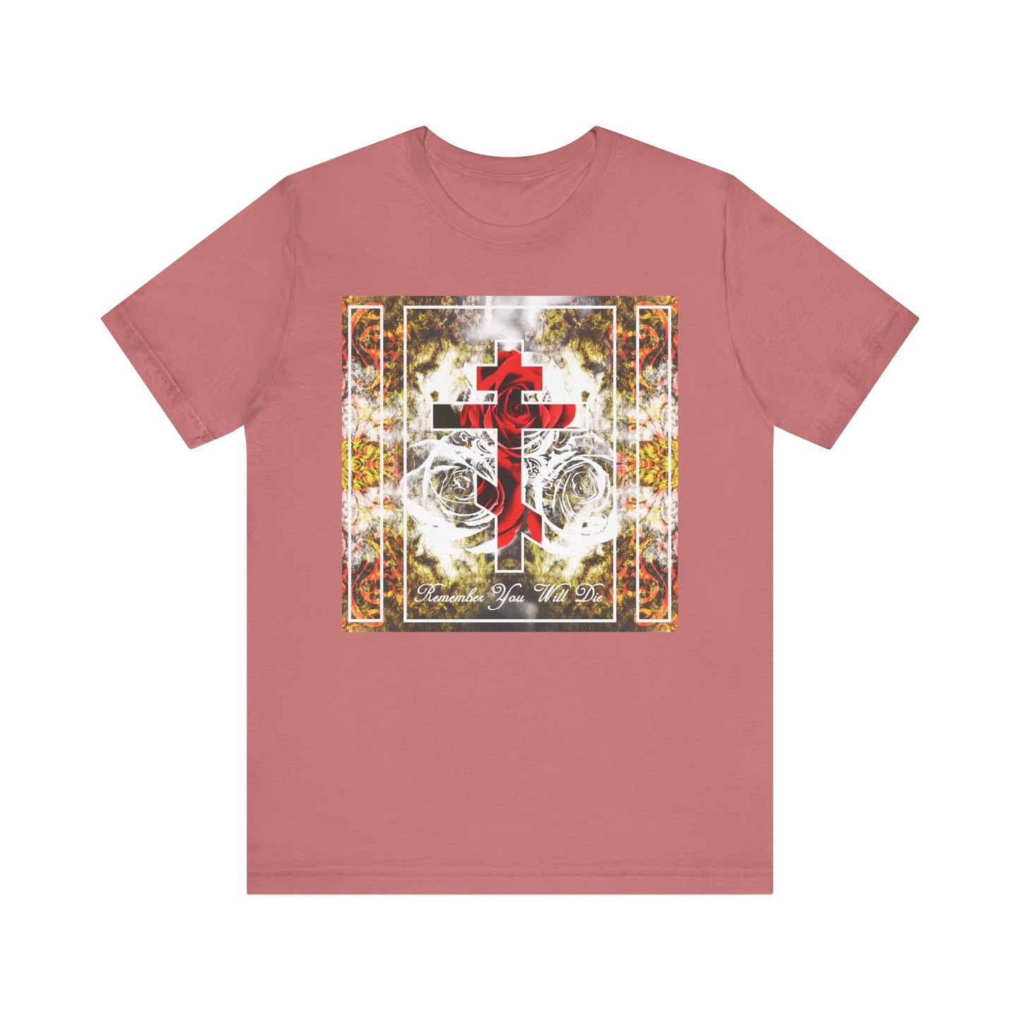 Mauve unisex lightweight cotton tee featuring an elegant "Remember You Will Die" font, an Orthodox cross with roses and floral texture, and classic short sleeves for comfort and style.