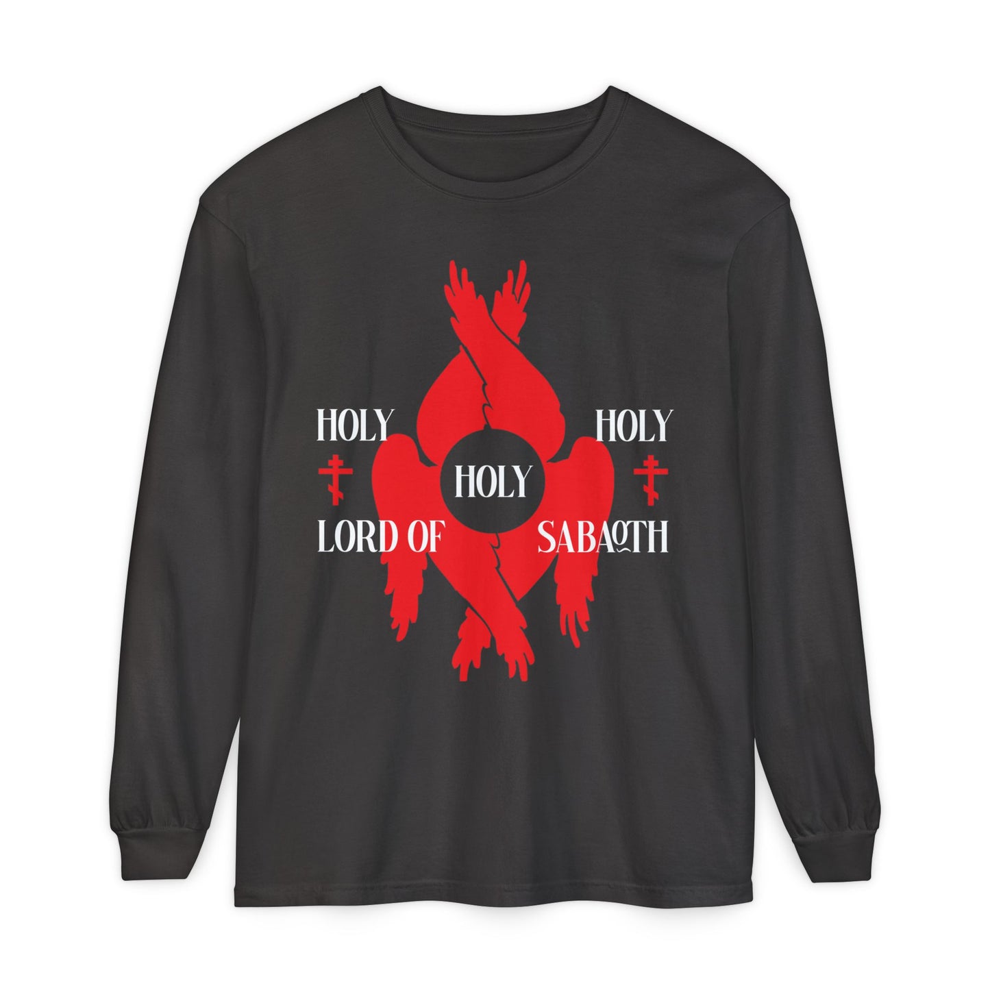 Graphite long-sleeve cotton shirt featuring red seraphim wings, Orthodox crosses, and “Holy Holy Holy Lord of Sabaoth" from Isaiah 6:3—honoring the Divine Council in Orthodox Christian tradition.