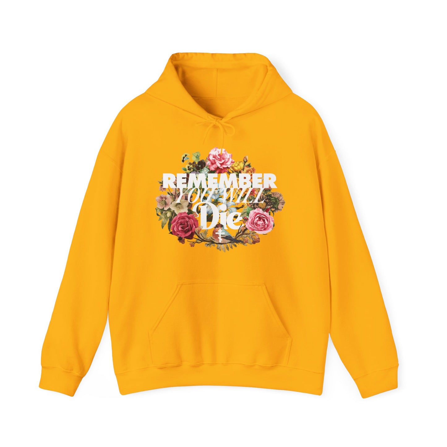Remember You Will Die | Cross | Classic Typography & Floral Wreath Design (FRONT PRINT) | Memento Mori | Orthodox Christian Hoodie