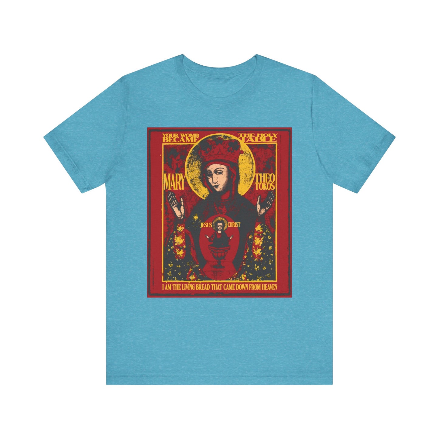 A Heather Aqua unisex lightweight cotton tee featuring an ancient iconographic graphic of the Mother of God of Nicaea with Christ in a chalice, depicted in a religious style with gold and red accents.