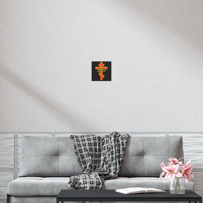 A gray sofa with a plaid blanket, open book, pink flowers, and the "Every Knee Shall Bow" gold and red floral Orthodox cross poster above, creates a peaceful space reflecting righteousness and strength.