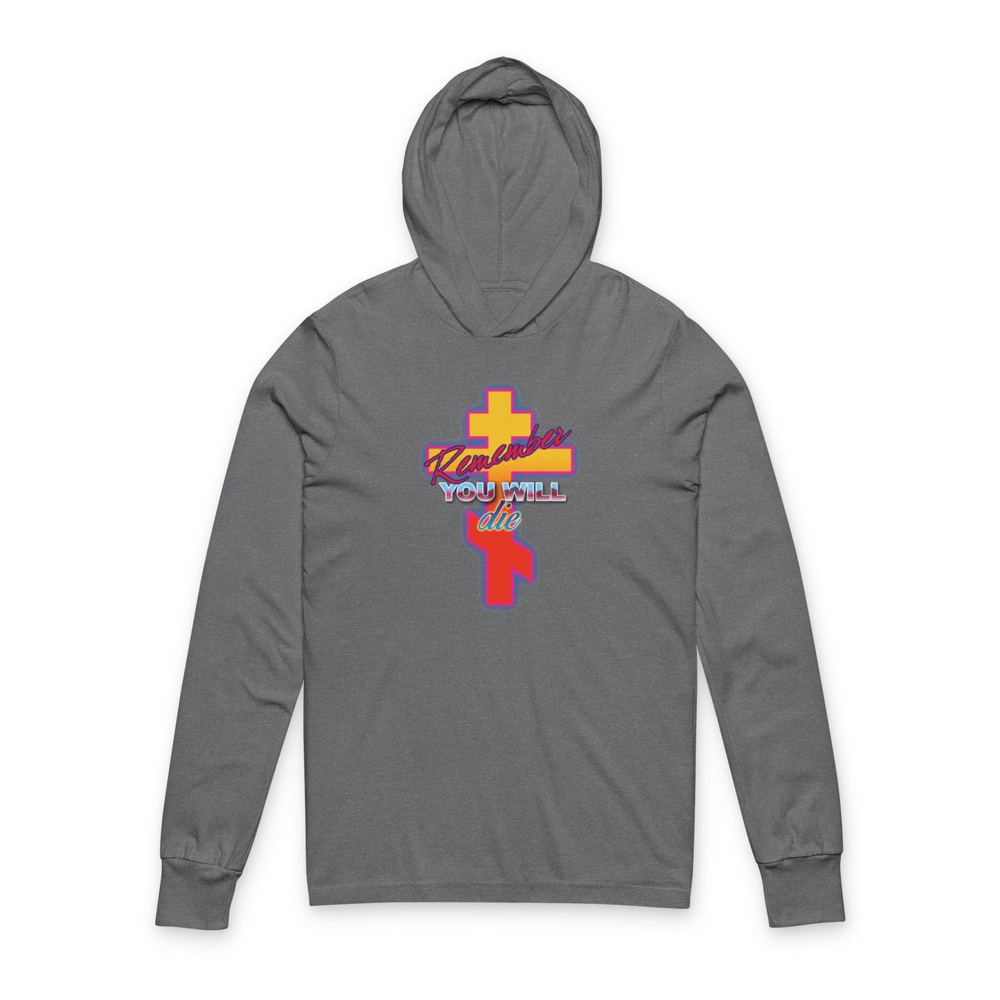Grey TriBlend cotton hoodie with a glowing synthwave retro Orthodox cross and the message “Remember You Will Die” inspired by the Precious Life-Giving Cross. Christian design, 80s style.