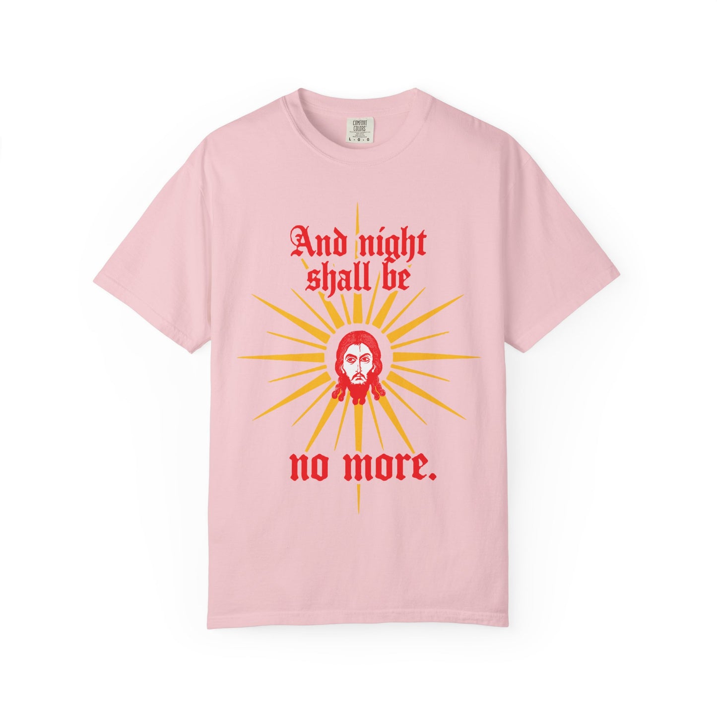 And Night Shall Be No More | Rev 22:5 | Jesus Christ Mandylion IconoGraphic | Gothic Text | Orthodox Christian Heavyweight Cotton Unisex Tee