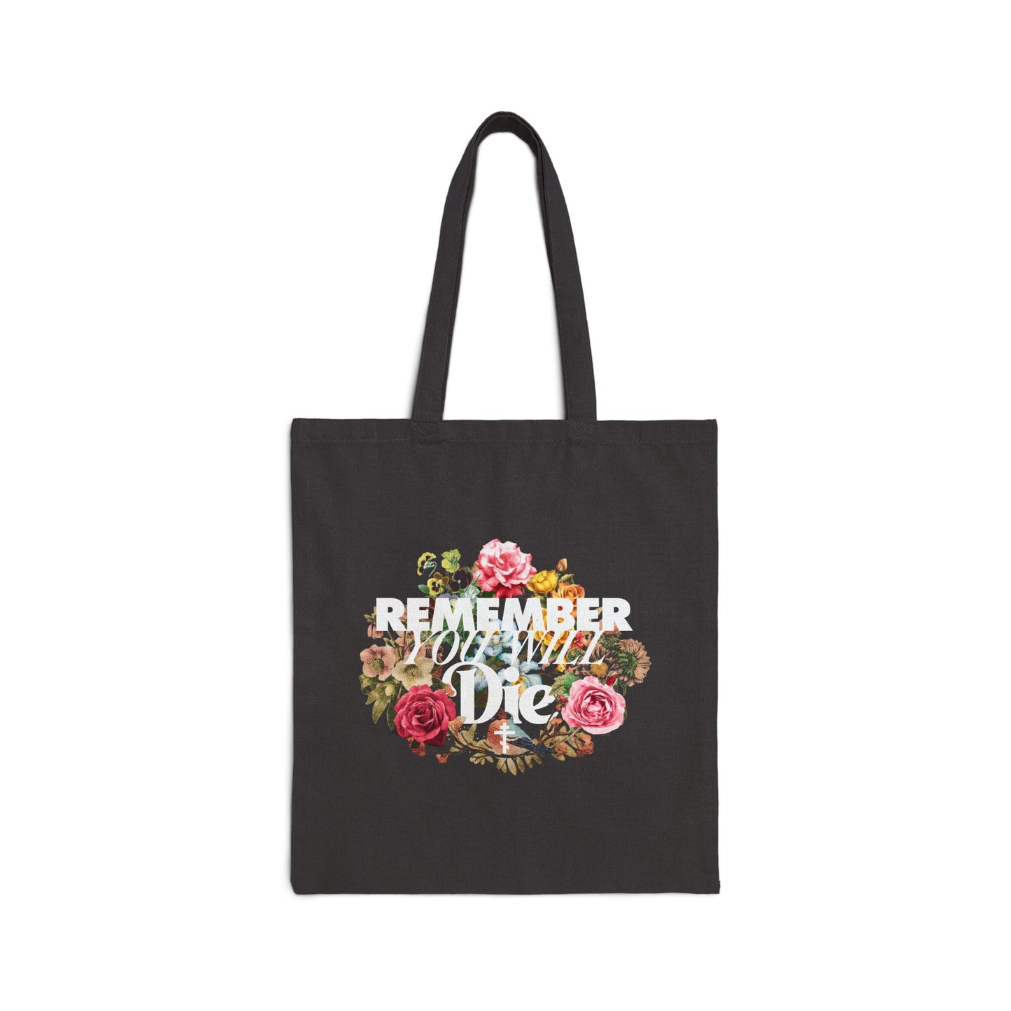 Black "Remember You Will Die" tote bag featuring classic typography, a cross, and floral wreath—Orthodox Christian Memento Mori inspired by St. Ignatius Brianchaninov, designed for mindful daily living and salvation.