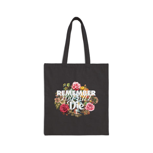 Black "Remember You Will Die" tote bag featuring classic typography, a cross, and floral wreath—Orthodox Christian Memento Mori inspired by St. Ignatius Brianchaninov, designed for mindful daily living and salvation.