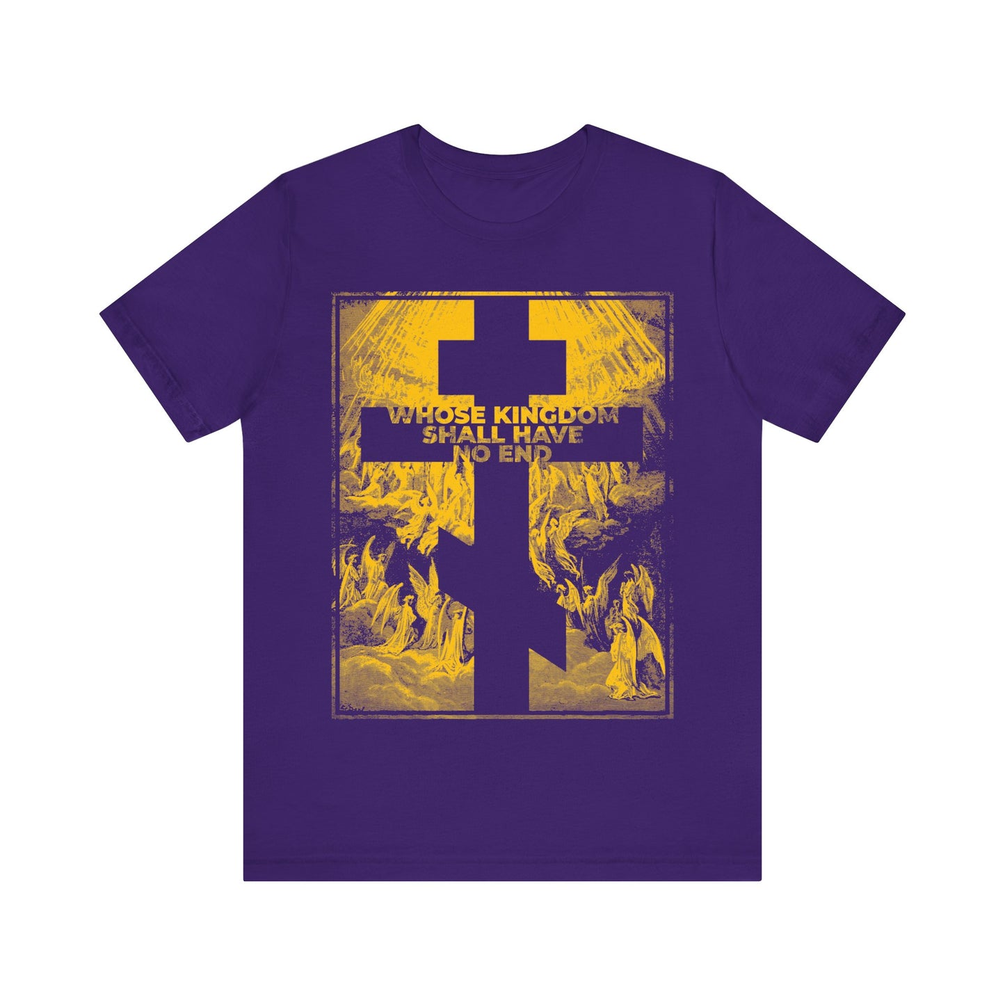 Team Purple "Whose Kingdom Shall Have No End" Orthodox T-Shirt, inspired by the Nicene Creed, features a gold cross, symbolic text, and a detailed Gustave Dore etching background.