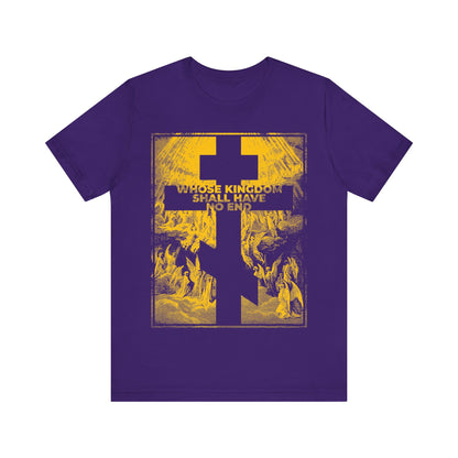 Team Purple "Whose Kingdom Shall Have No End" Orthodox T-Shirt, inspired by the Nicene Creed, features a gold cross, symbolic text, and a detailed Gustave Dore etching background.