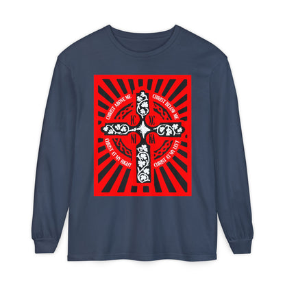 Red ICXC NIKA Enniskillen Celtic Cross | Lorica of St. Patrick | Shield Prayer | Orthodox Christian Long Sleeve Shirt