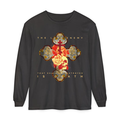 The Remembrance of Death "The Final Enemy That Shall Be Destroyed Is Death (1 Cor 15:26)" long-sleeve features a metallic gothic cross with rose and skull in orange/yellow hues and Orthodox Christian text inspired by 1 Corinthians 15.