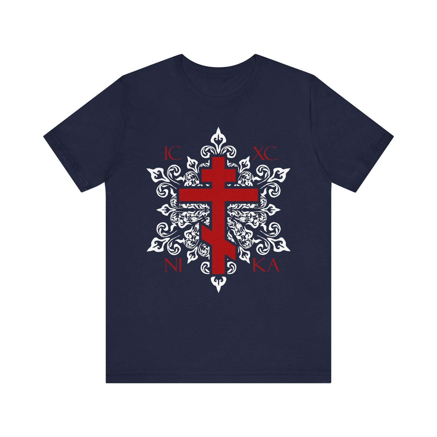 Navy ICXC / NIKA Red Orthodox Cross on ornate white medieval floral design, featuring Greek letters and subtle Cherubim motifs. Best-selling Orthodox Christian lightweight unisex cotton tee.