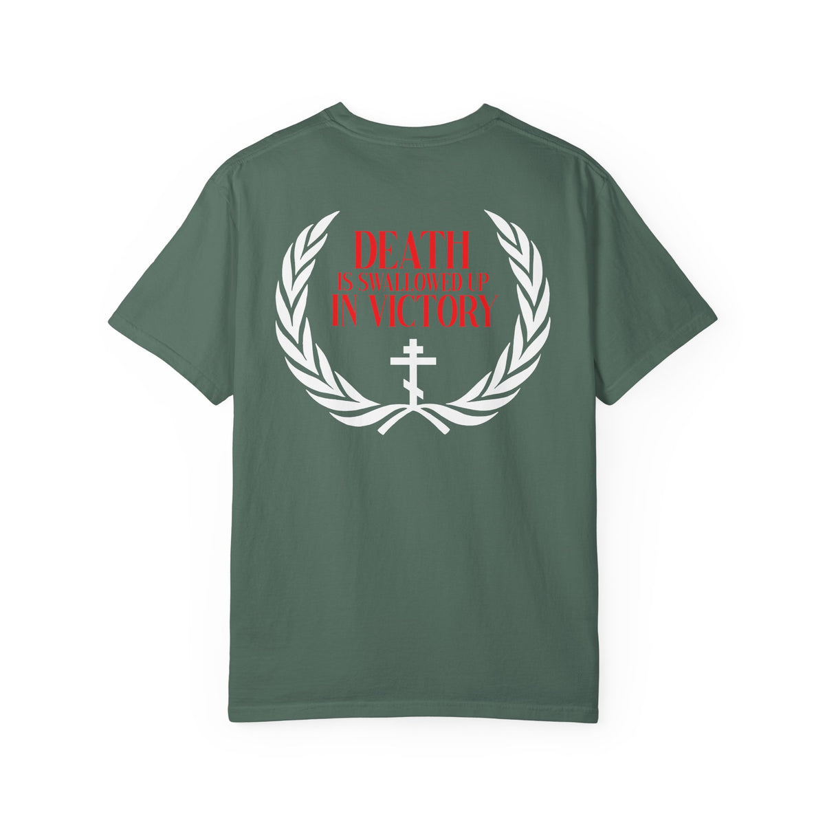 Archangel Michael of the Apocalypse Iconographic / Death is Swallowed Up In Victory DOUBLE-SIDED Orthodox Unisex Tee—heavyweight green cotton, featuring a laurel, cross, and bold red “Death is swallowed up in victory” text on the back as an homage to Revelation 12 and the Miracle of Archangel Michael.