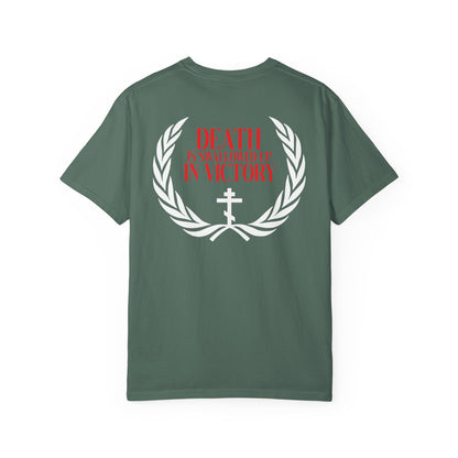 Archangel Michael of the Apocalypse Iconographic / Death is Swallowed Up In Victory DOUBLE-SIDED Orthodox Unisex Tee—heavyweight green cotton, featuring a laurel, cross, and bold red “Death is swallowed up in victory” text on the back as an homage to Revelation 12 and the Miracle of Archangel Michael.