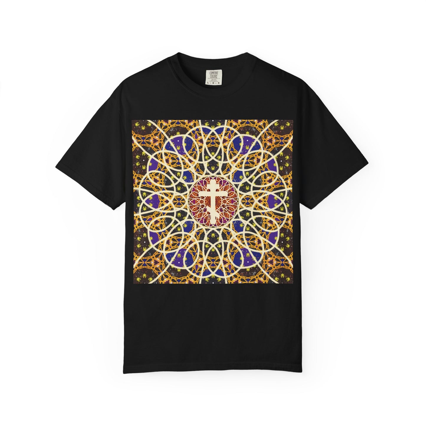 Black heavyweight cotton unisex T-shirt featuring a colorful and intricate medieval cosmology rose window pattern centered on an Orthodox cross, inspired by the imagery of “Let all the earth venerate the Cross” and evocative of the robe of incorruption celebrated in Tone 6 Sunday Matins.