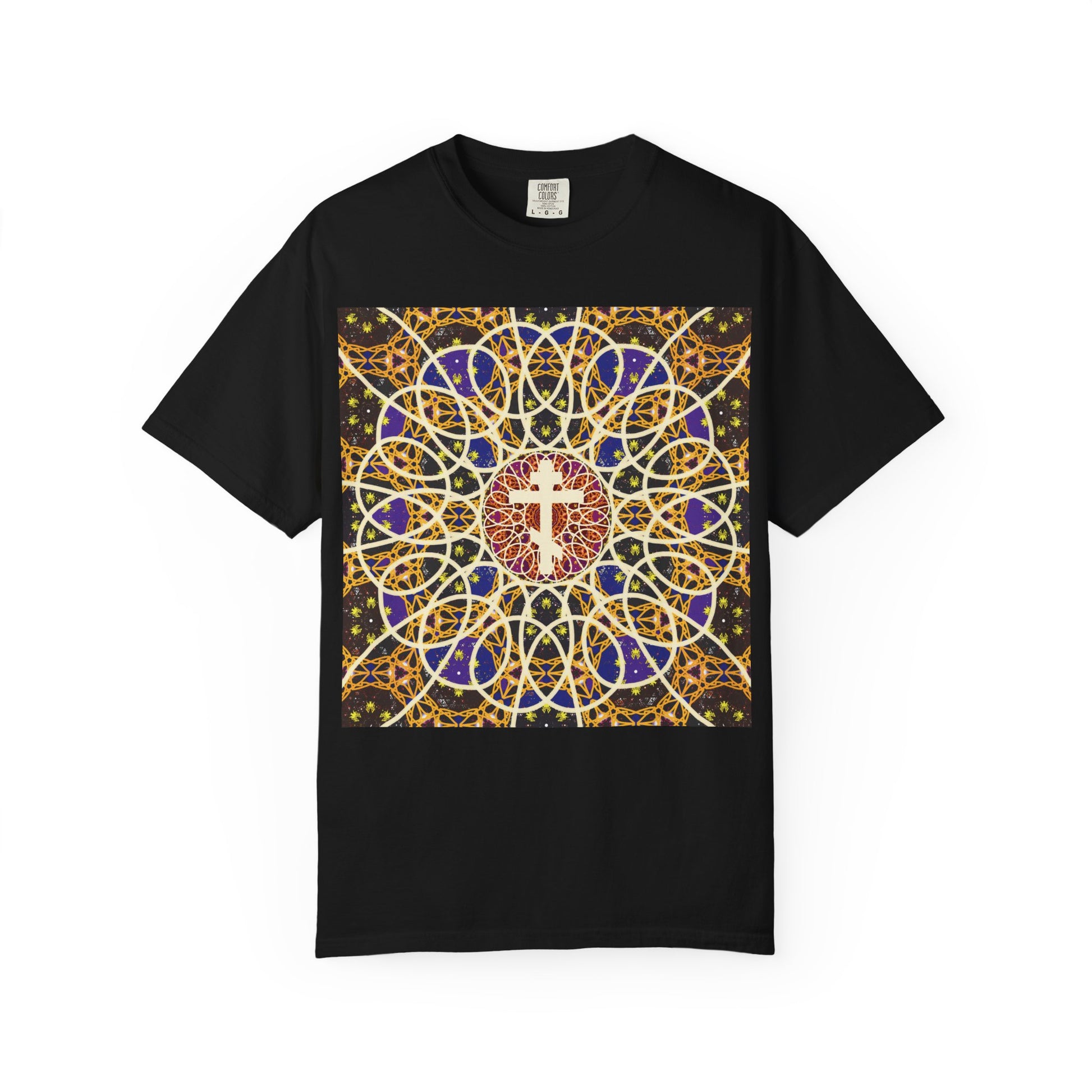 Black heavyweight cotton unisex T-shirt featuring a colorful and intricate medieval cosmology rose window pattern centered on an Orthodox cross, inspired by the imagery of “Let all the earth venerate the Cross” and evocative of the robe of incorruption celebrated in Tone 6 Sunday Matins.