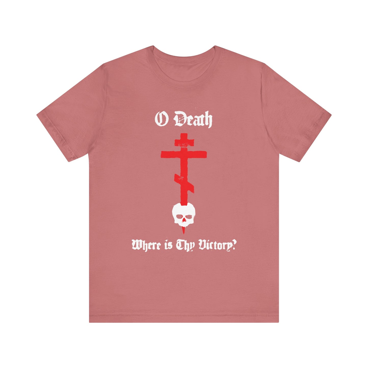Mauve unisex tee featuring a spraypaint-style cross stabbing a skull and "O Death Where is Thy Victory? 1 Cor 15:55" in gothic text—Orthodox inspired, lightweight cotton.