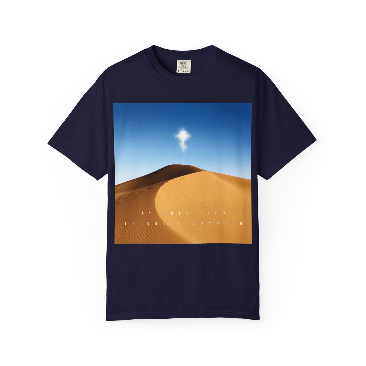 True Navy heavyweight cotton unisex tee featuring the "In This Sign Ye Shall Conquer Desert Sun Scene" design: a powerful depiction of a desert dune, glowing cross, and sky, inspired by the Elevation of the Cross and celebrating the beauty of Orthodox Christianity—The Cross is the Might of Kings.