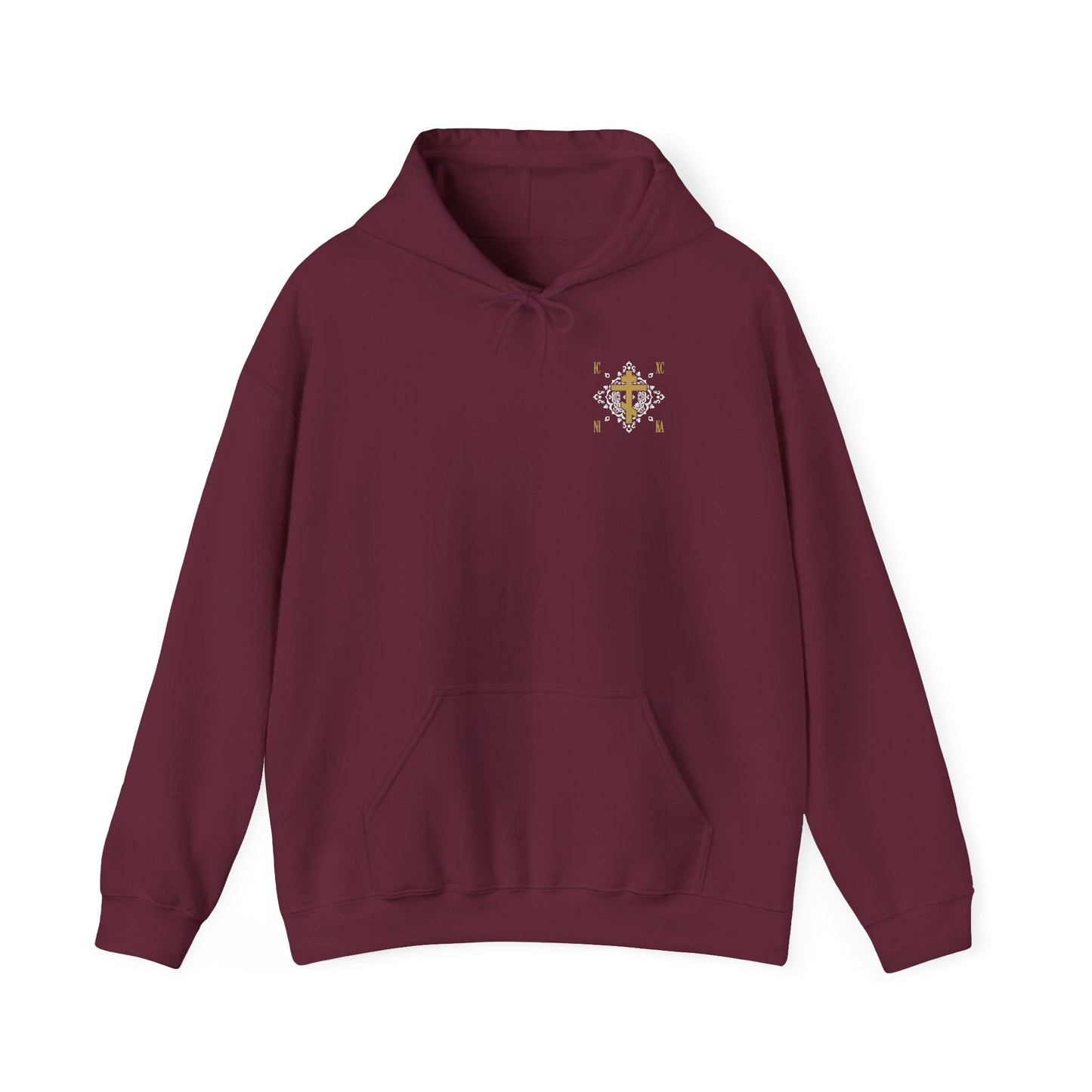 Maroon hoodie featuring a small Gold Orthodox Cross ICXC NIKA design with a white medieval ornate floral pattern on the left chest, symbolizing “Jesus Christ Conquers.”.