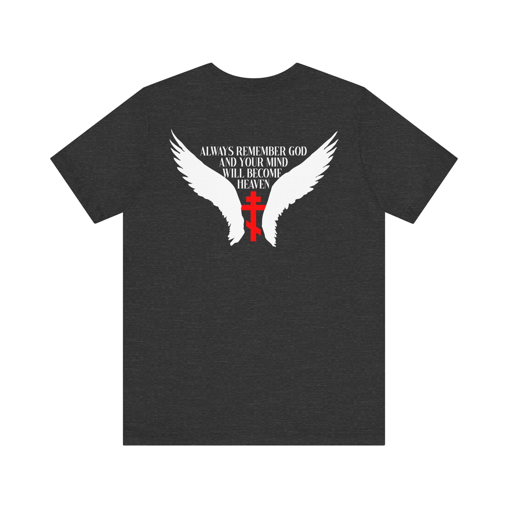 Wearing the "It's Later Than You Think No. 3 Split W/ Always Remember God and Your Mind Will Become Heaven No. 1" lightweight cotton tee—a black shirt featuring white angel wings, a red cross, and the message: Always remember God and your mind will become heaven—serves as a powerful reminder of the way of life inspired by the Blessed Seraphim of Platina.