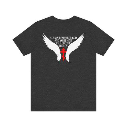 Wearing the "It's Later Than You Think No. 3 Split W/ Always Remember God and Your Mind Will Become Heaven No. 1" lightweight cotton tee—a black shirt featuring white angel wings, a red cross, and the message: Always remember God and your mind will become heaven—serves as a powerful reminder of the way of life inspired by the Blessed Seraphim of Platina.