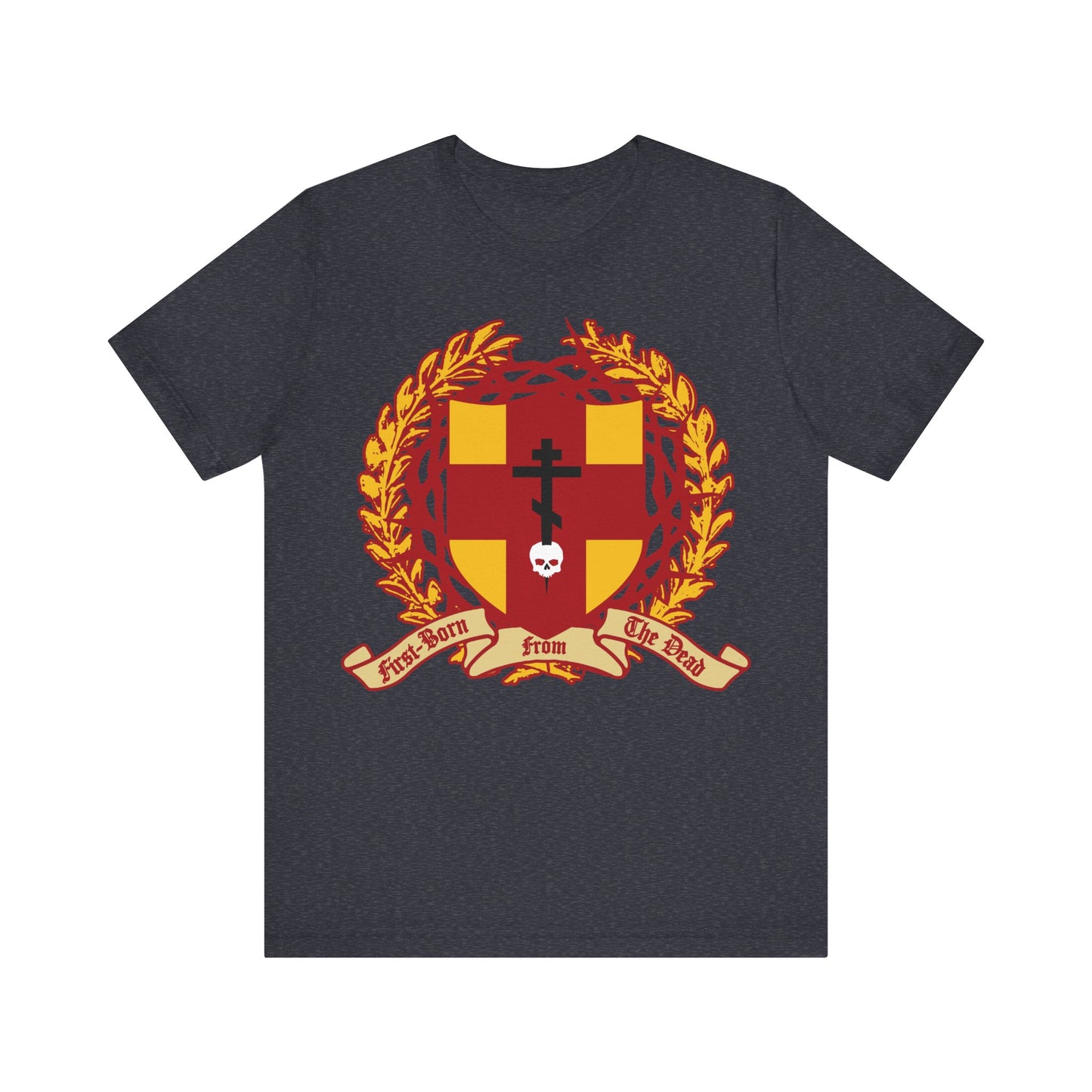 Heather navy tee featuring an Orthodox cross stabbing a skull, shield with victory wreath and crown of thorns, and the banner “First-Born from the Dead,” inspired by Colossians 1:18. Christian cotton unisex shirt.