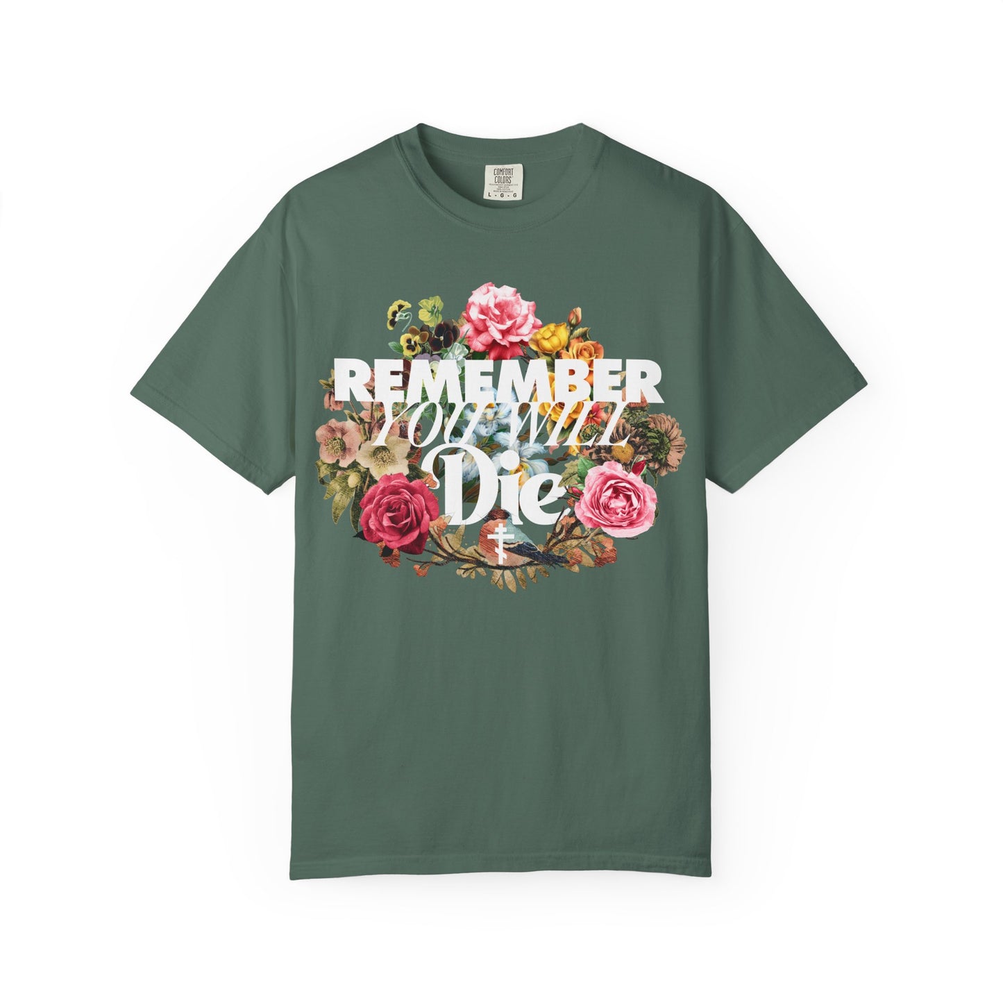 Blue Spruce heavyweight unisex tee with "Remember You Will Die" in classic typography and a floral wreath (front print), inspired by Memento Mori and St Ignatius Brianchaninov’s teachings.