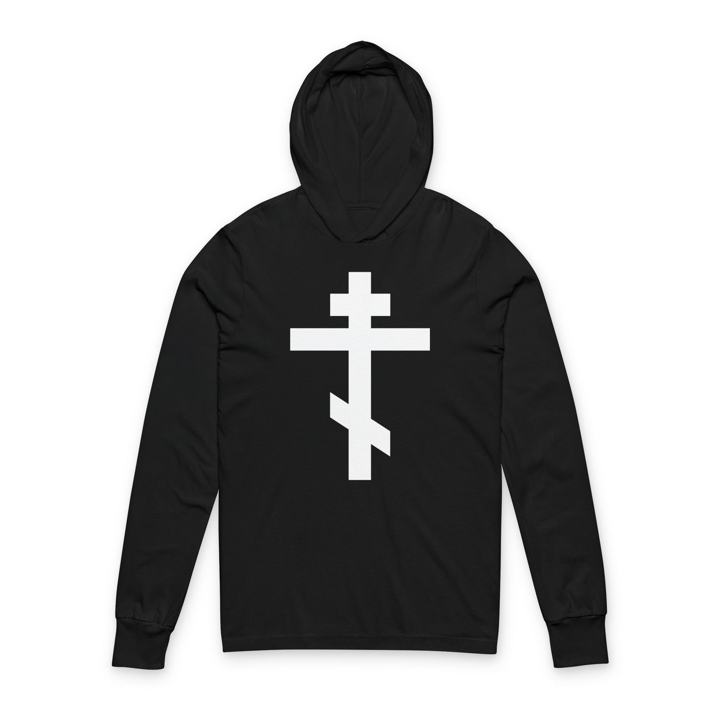 Black hooded shirt featuring a white Orthodox cross and "May I never boast, except in the cross of our Lord Jesus Christ" (Gal 6:14), inspired by St. John of Kronstadt and symbolizing salvation.