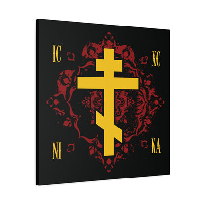 The "ICXC NIKA Yellow Russian Cross on Ornate Red Background" canvas art features Jesus Christ Conquers in Orthodox style, with a gold cross and Greek letters IC XC NI KA on a decorative red and black backdrop.