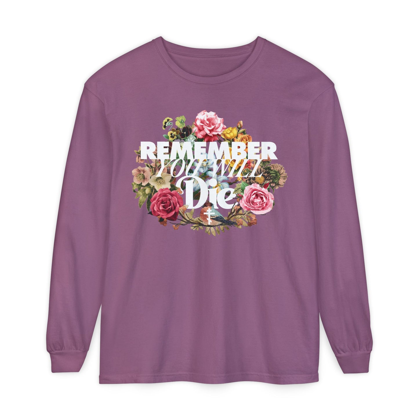 Berry long-sleeve cotton shirt featuring "Remember You Will Die" in classic typography with a cross and floral wreath design; inspired by Orthodox Memento Mori.