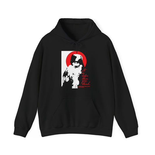 The Printify “It’s Later Than You Think” hoodie features a bold black, white, and red graphic of Fr Seraphim Rose and red cursive text, inspired by Orthodox Christian Memento Mori themes.