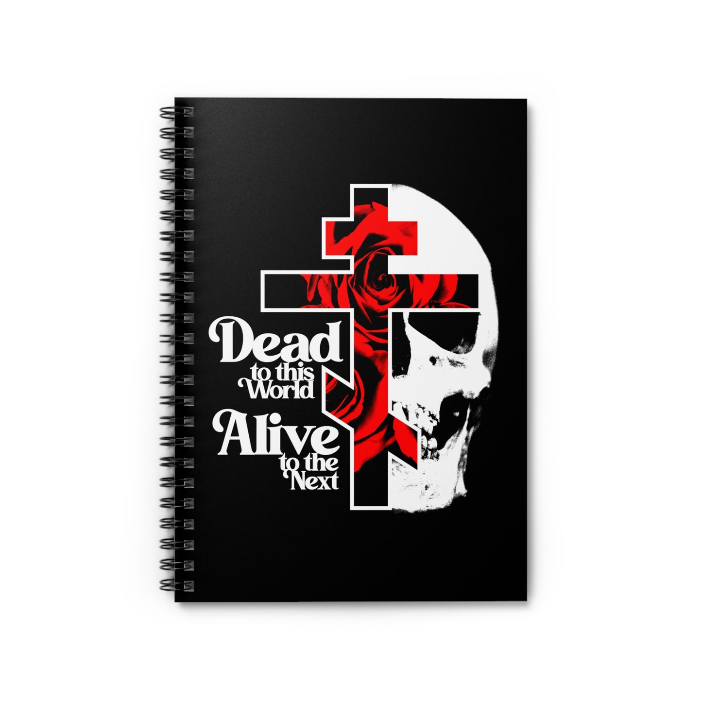 Dead to this World | Christian Goth Flower Cross & Skull notebook: features a skull, cross, red roses, and 70s typography echoing St John Climacus’ Ladder of Divine Ascent theme. Bestselling Christian spiral notebook.