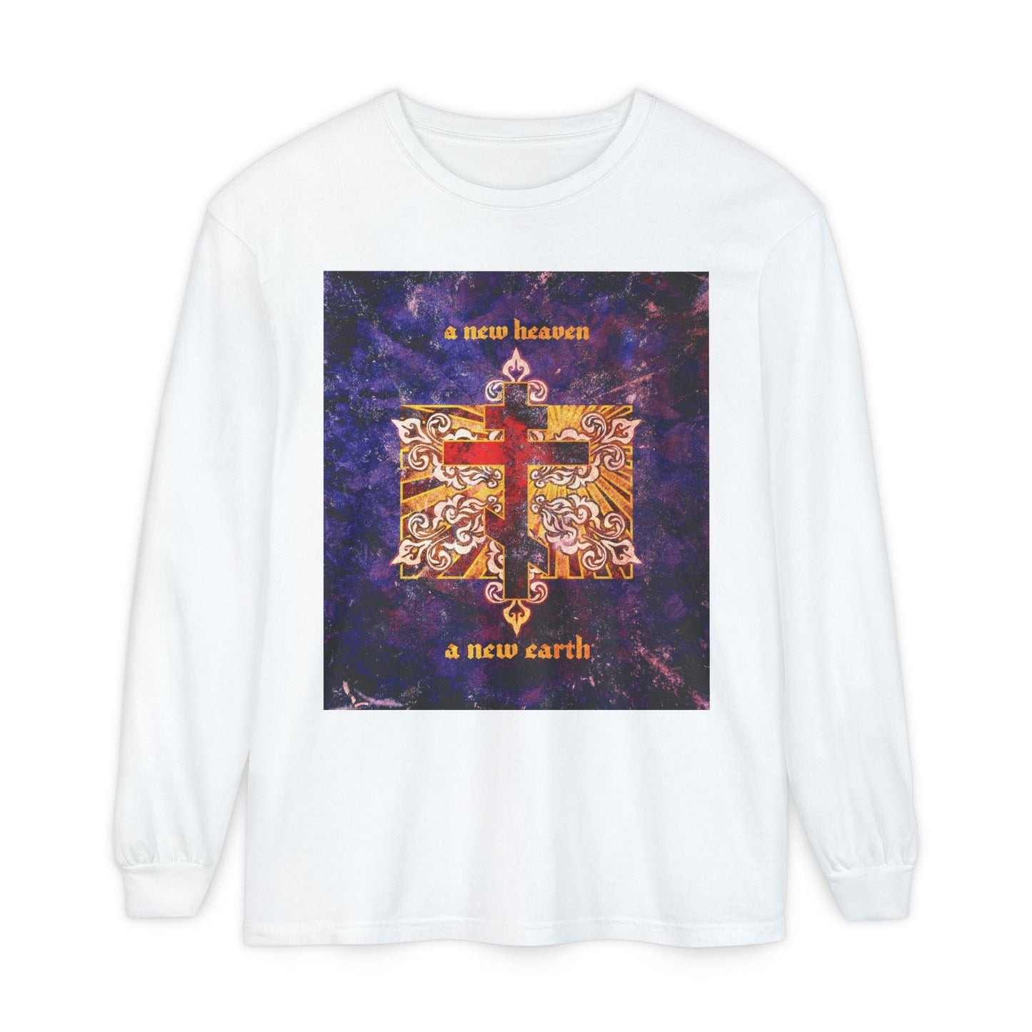 A New Heaven/A New Earth | Red Orthodox Cross on Textured Ornate Background | Red Blue & Gold Design | Orthodox Long Sleeve Cotton Shirt