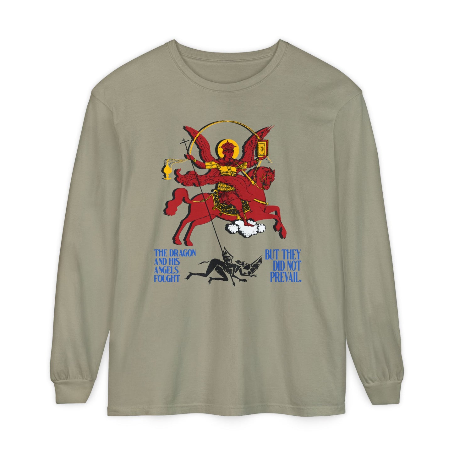 Apocalyptic St Michael Icono-Graphic (Rev 12:7-8) | Red Angel & Horse | Blue Lettering | Orthodox Christian Cotton Long Sleeve Shirt
