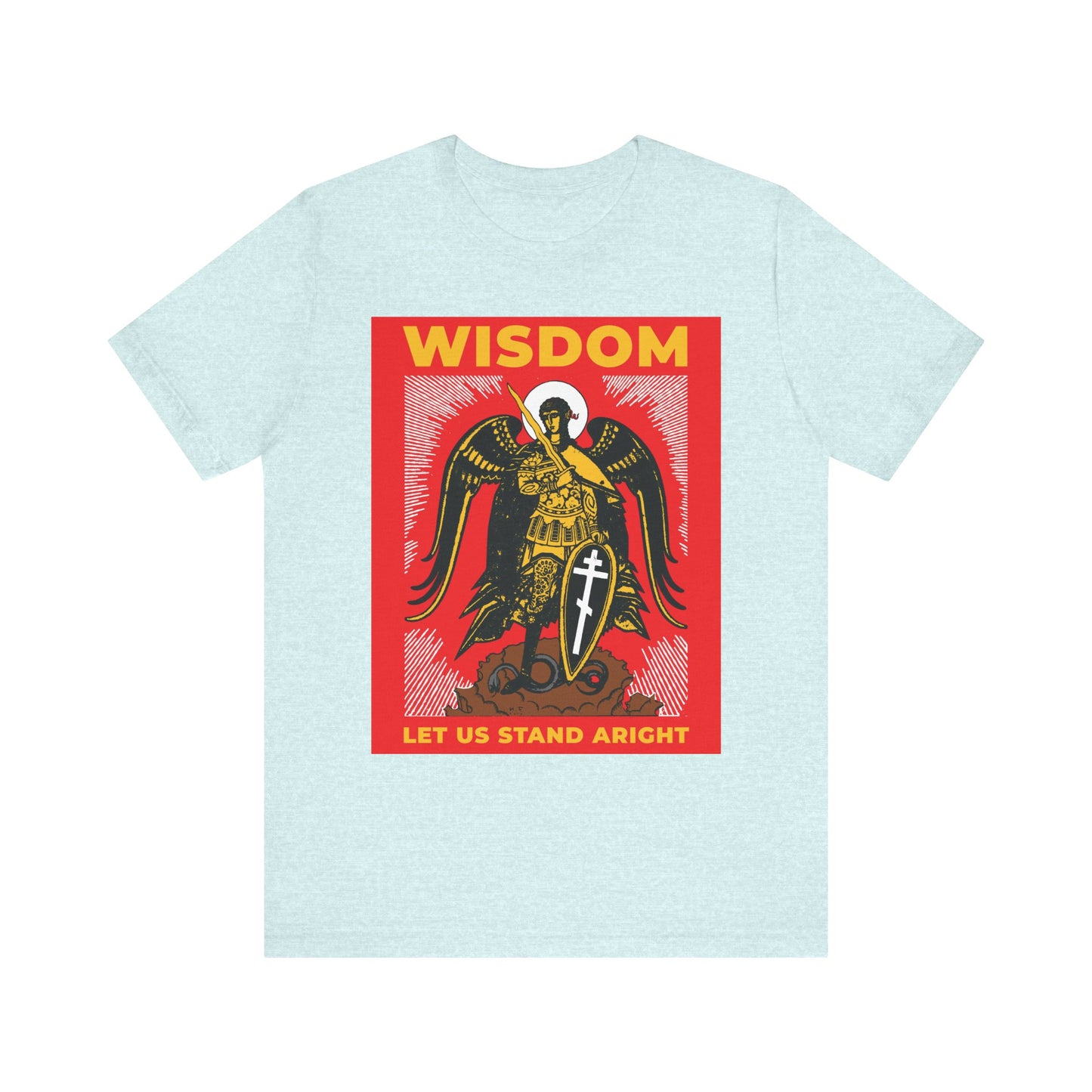 Heather Prism Ice Blue unisex tee with a Russian illustration of Archangel Michael, shield & sword, featuring "WISDOM" and "LET US STAND ARIGHT" in bold red/yellow. Lightweight cotton; Orthodox-inspired design.