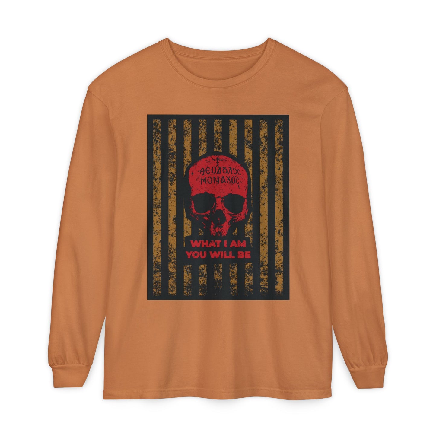 Yam long-sleeve cotton shirt featuring a red skull and "WHAT I AM YOU WILL BE" text, inspired by St. Ignatius Brianchaninov’s memento mori teachings; part of the Ascetic Ethos collection.