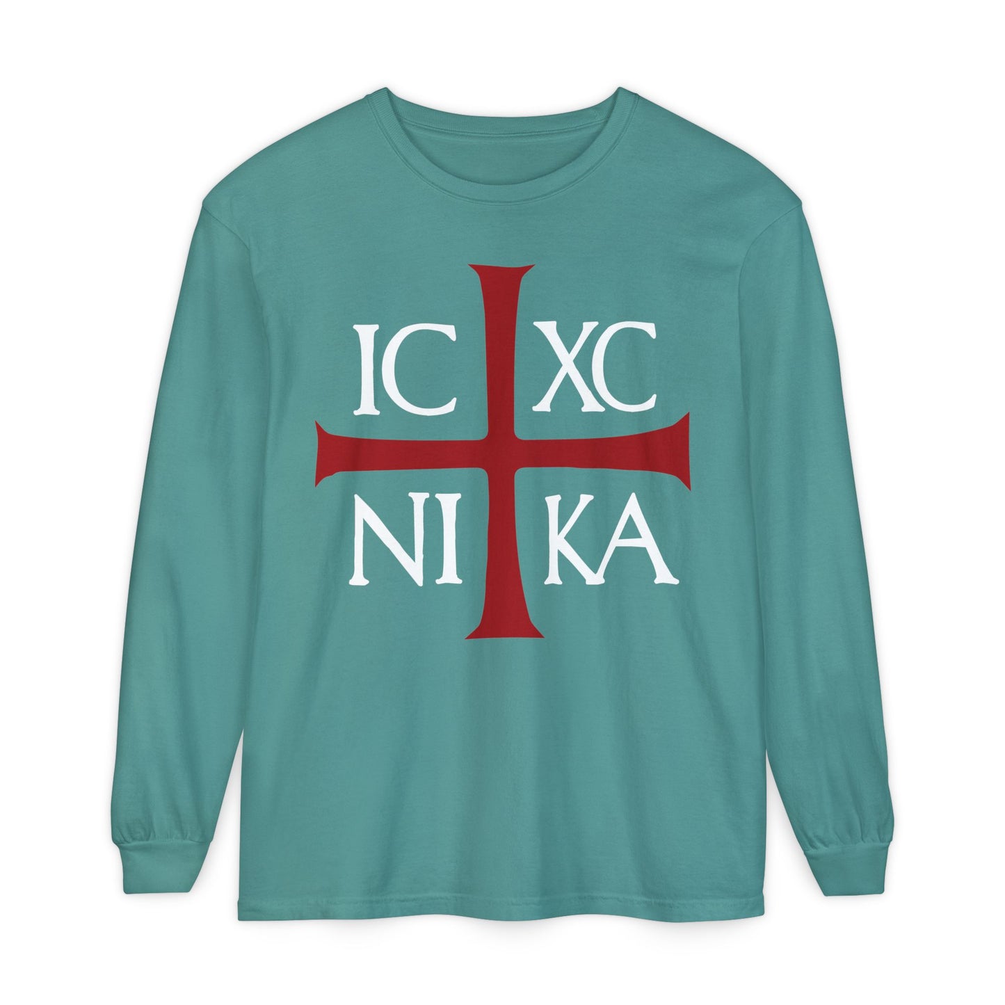 Seafoam long-sleeve shirt with a red cross and white "IC XC NIKA"—an ancient Byzantine Christogram meaning "Jesus Christ Conquers." Orthodox Christian design on soft cotton.