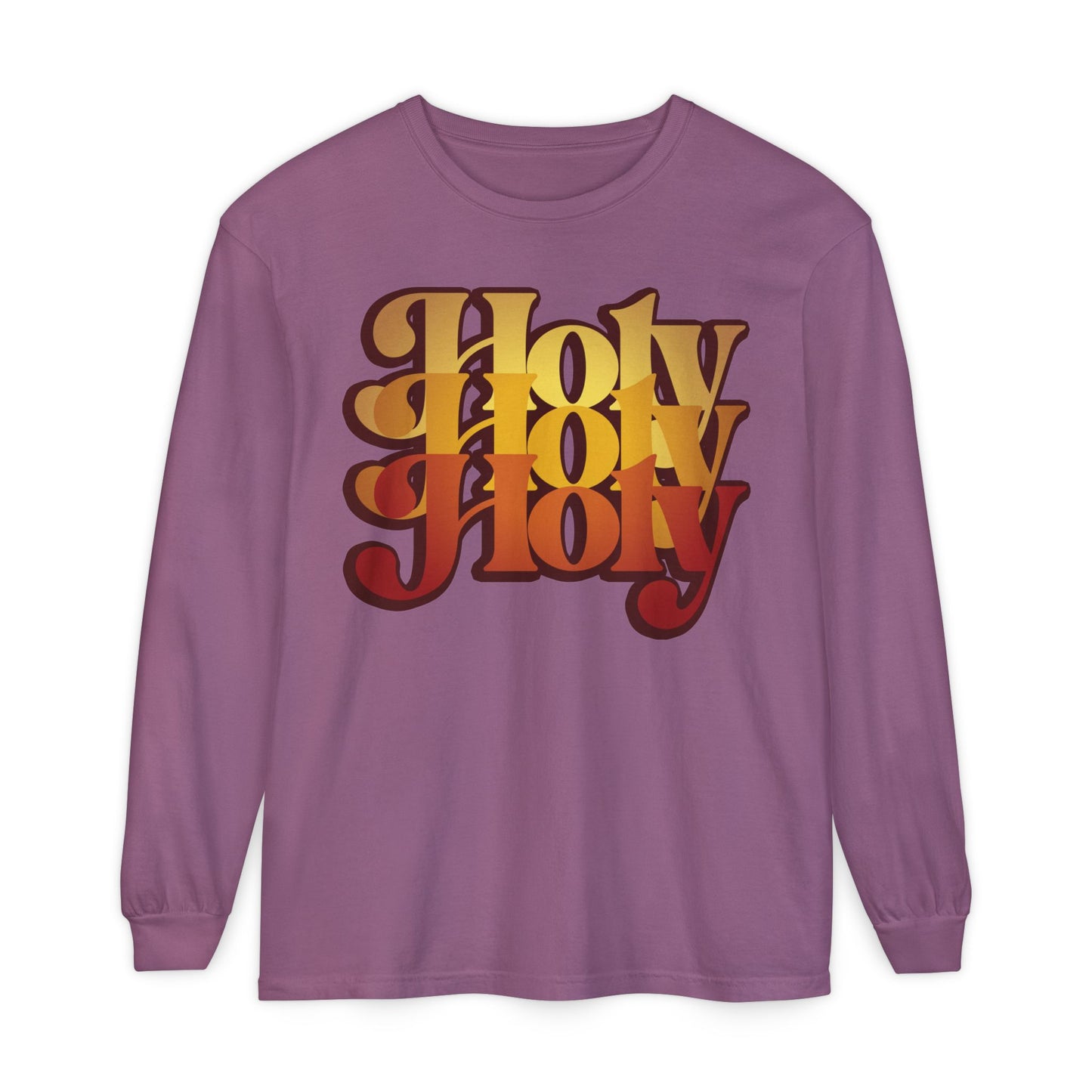 Berry long-sleeve cotton shirt with bold “Holy Holy Holy” 70s-style gradient text, inspired by Isaiah 6 and Orthodox trisagion prayer. Cherubim & Seraphim design.