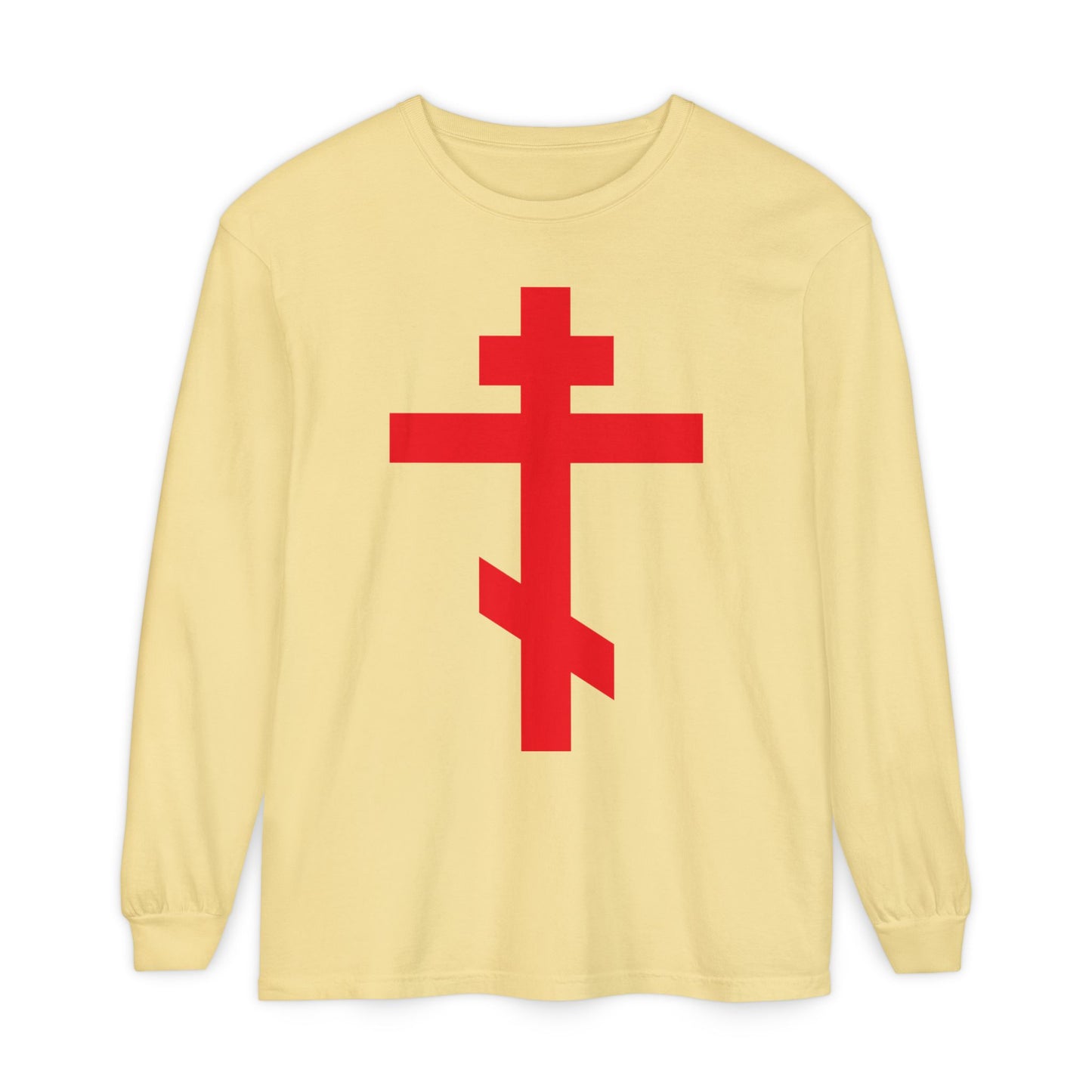 Butter long-sleeve cotton shirt featuring a bright red Orthodox Cross on the front with "Preserve Thy People By Thy Cross, O Lord." Inspired by the Troparion of the Cross and "Christ is King" theme.