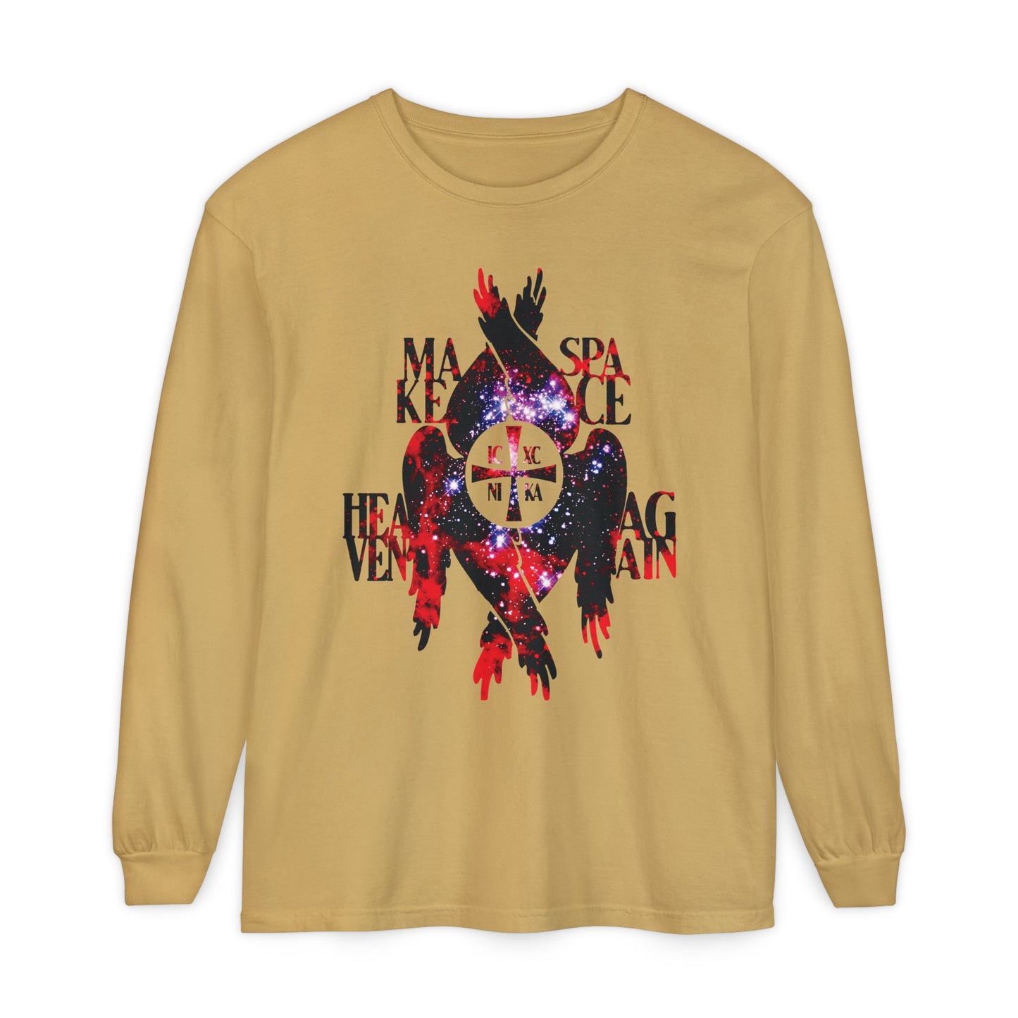 Mustard long-sleeve shirt featuring cosmic textured ICXC NIKA cross, seraphim wings, and bold "Make Space Heaven Again" text—Orthodox Christian design inspired by the seven heavens.