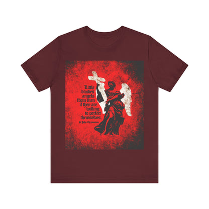 Maroon "Little Divides Angels from Men" t-shirt featuring St John Chrysostom’s quote on Christian perfection with a textured cemetery angel graphic; Orthodox Christian apparel.