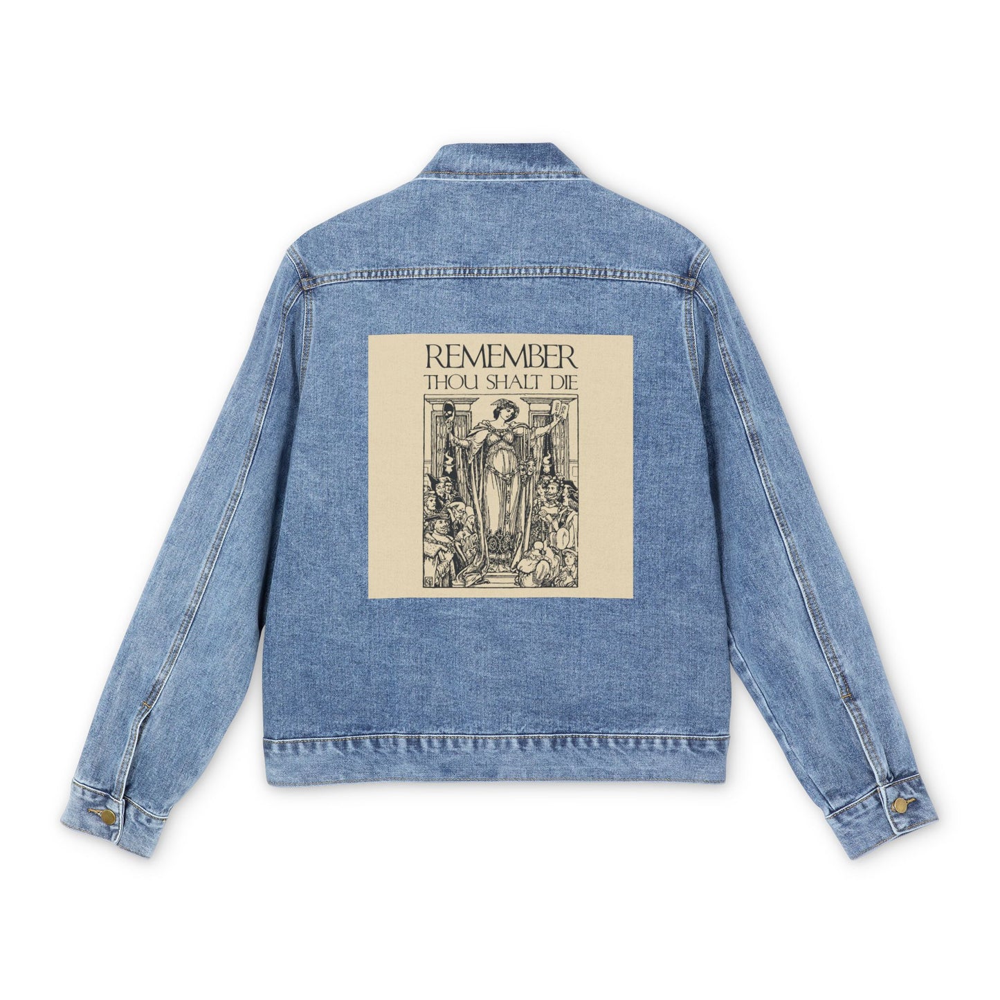 Remember You Will Die Shakespearean Design | Memento Mori | Classic Woodcut Illustration Aesthetic | Orthodox Christian Jean Jacket