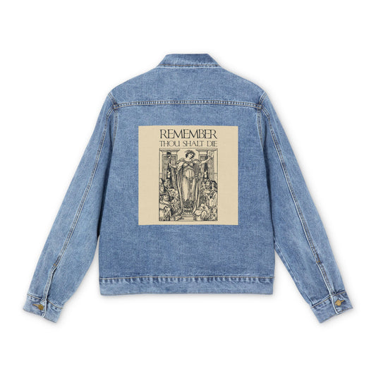 Remember You Will Die Shakespearean Design | Memento Mori | Classic Woodcut Illustration Aesthetic | Orthodox Christian Jean Jacket
