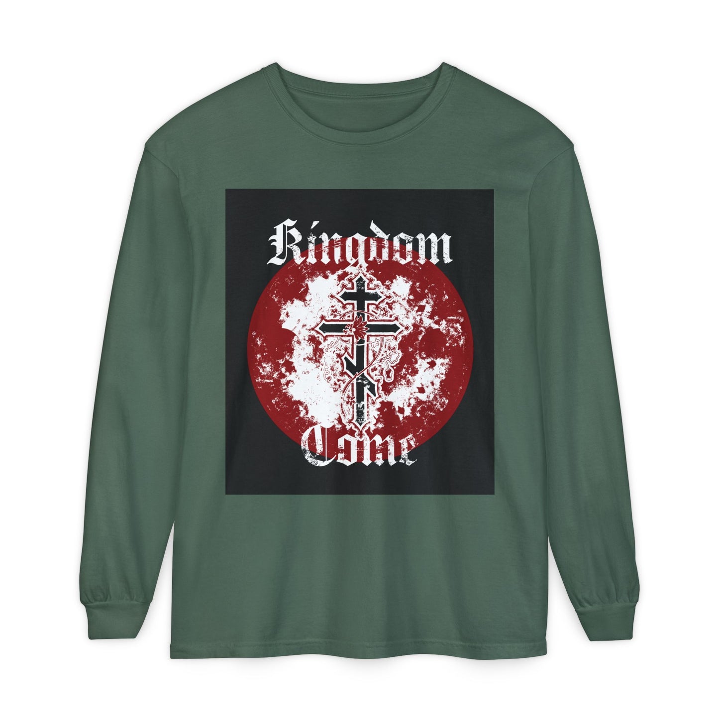 Kingdom Come | Lord's Prayer | Orthodox Cross with Vine | Textured Gothic Font | Orthodox Long Sleeve Cotton Shirt