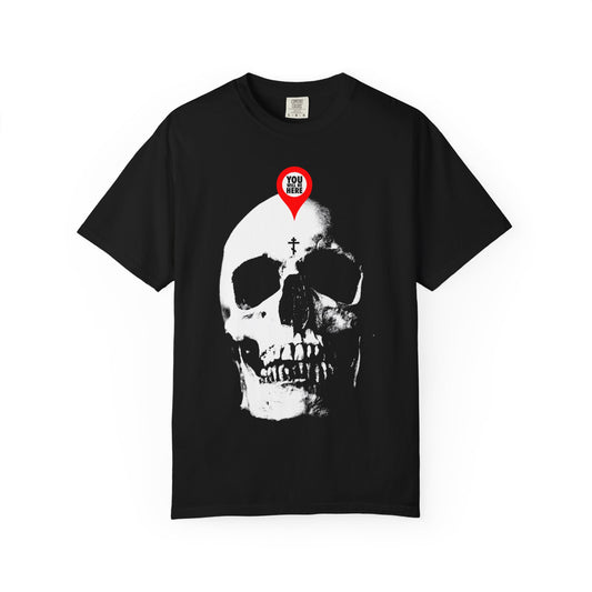 Black heavyweight cotton tee featuring a white skull with a red maps marker and the phrase "What You Are I Once Was"—a bold memento mori inspired by Orthodox tradition.