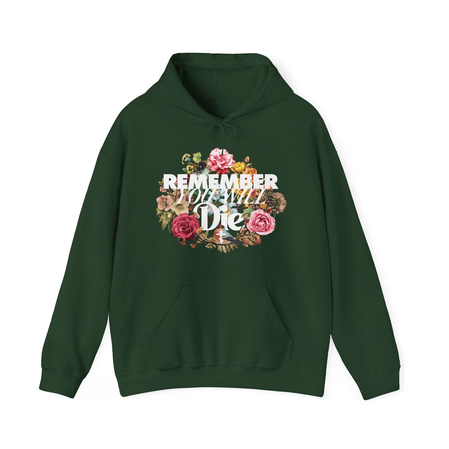 Remember You Will Die | Cross | Classic Typography & Floral Wreath Design (FRONT PRINT) | Memento Mori | Orthodox Christian Hoodie
