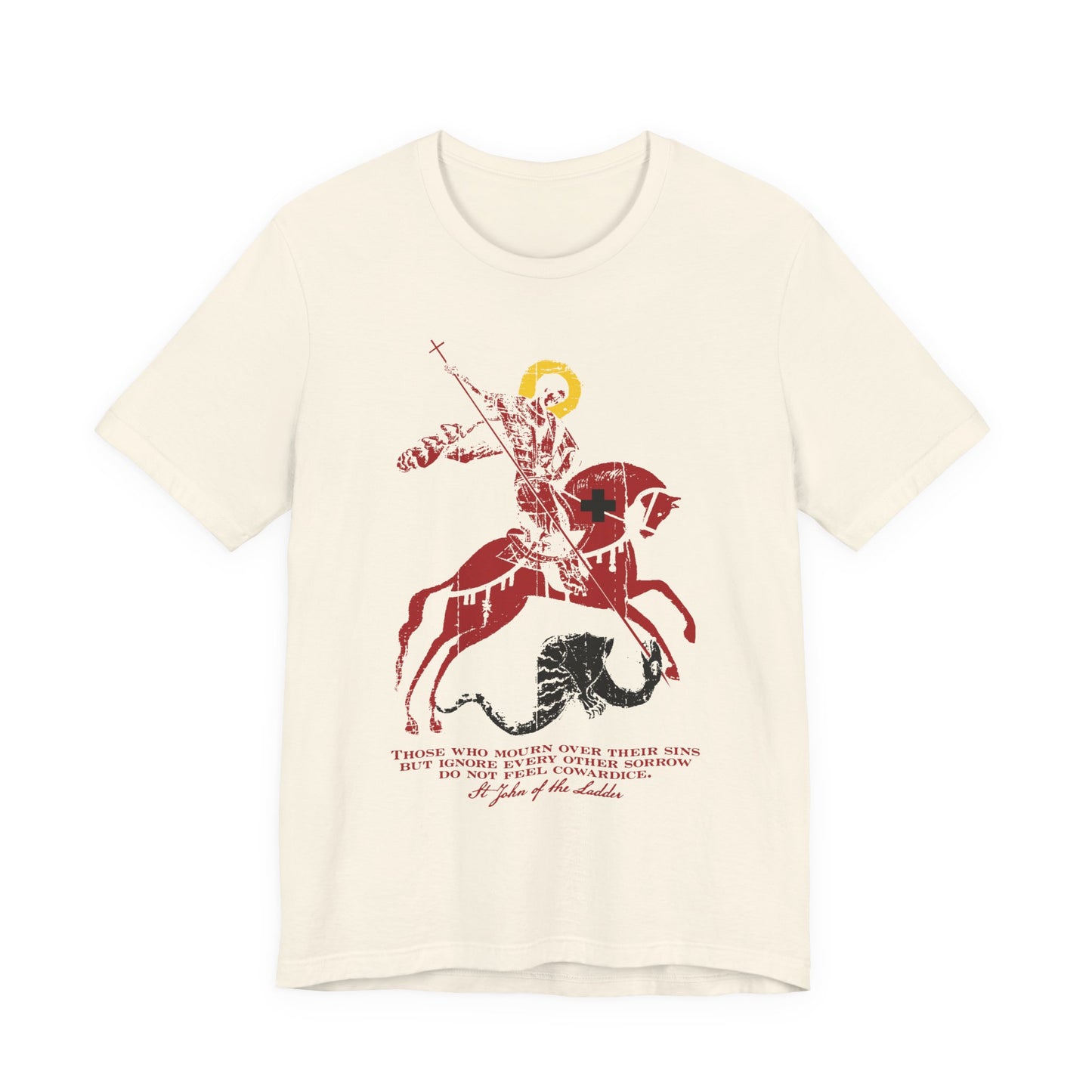 Natural lightweight cotton unisex tee featuring a St George slaying the dragon iconographic illustration with a quote inspired by St John Climacus on mourning over one’s sins, printed below the image.