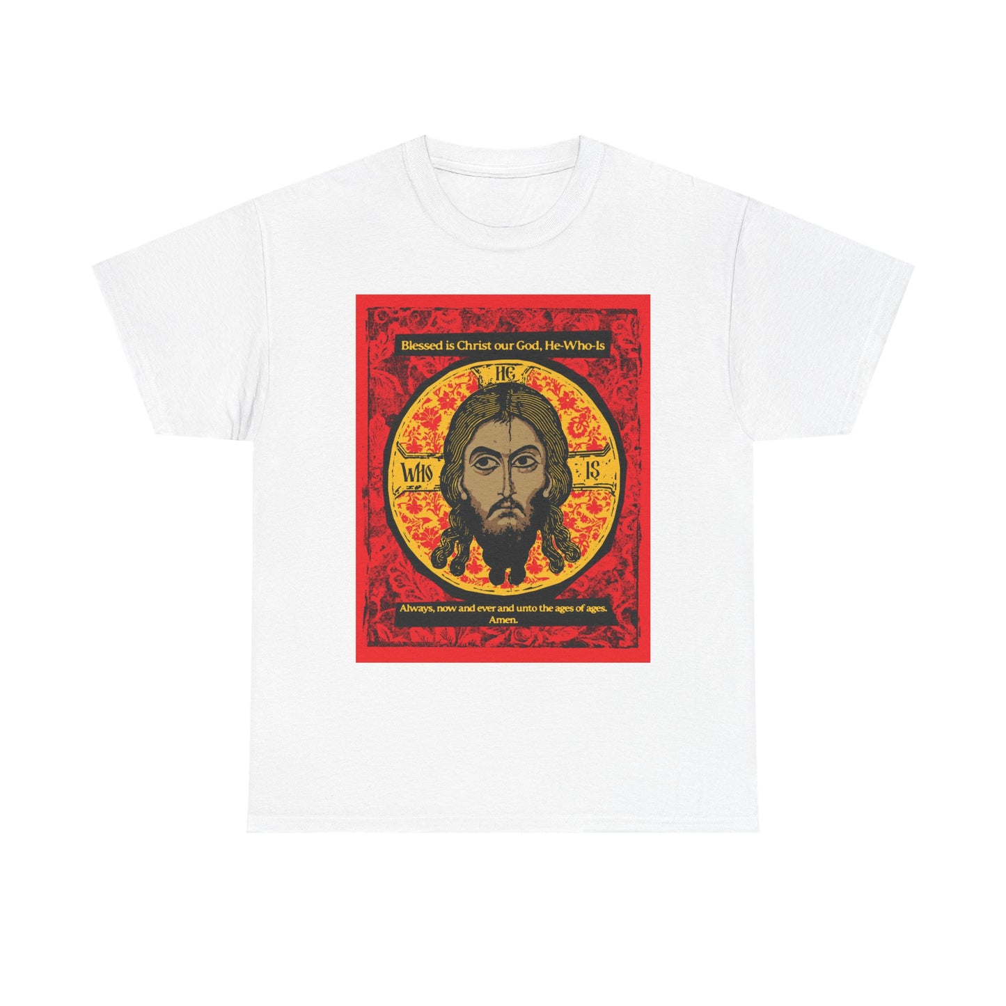 White “Made Without Hands (Mandylion/Image of Edessa)” t-shirt features a graphic design of Jesus Christ’s face with a golden halo and red border, inspired by Orthodox iconography and hymn traditions. Heavy cotton; Christian faith apparel.