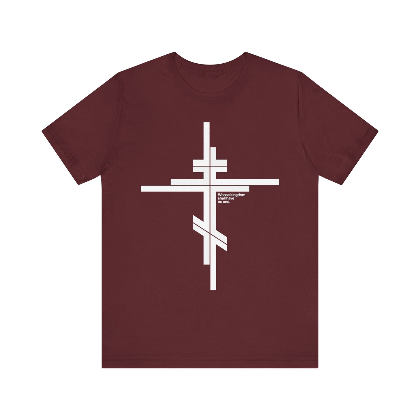 Maroon lightweight cotton unisex t-shirt featuring a large modernist minimalist Orthodox cross and small text on the front, inspired by Luke 1:32-33: "Whose Kingdom Shall Have No End.