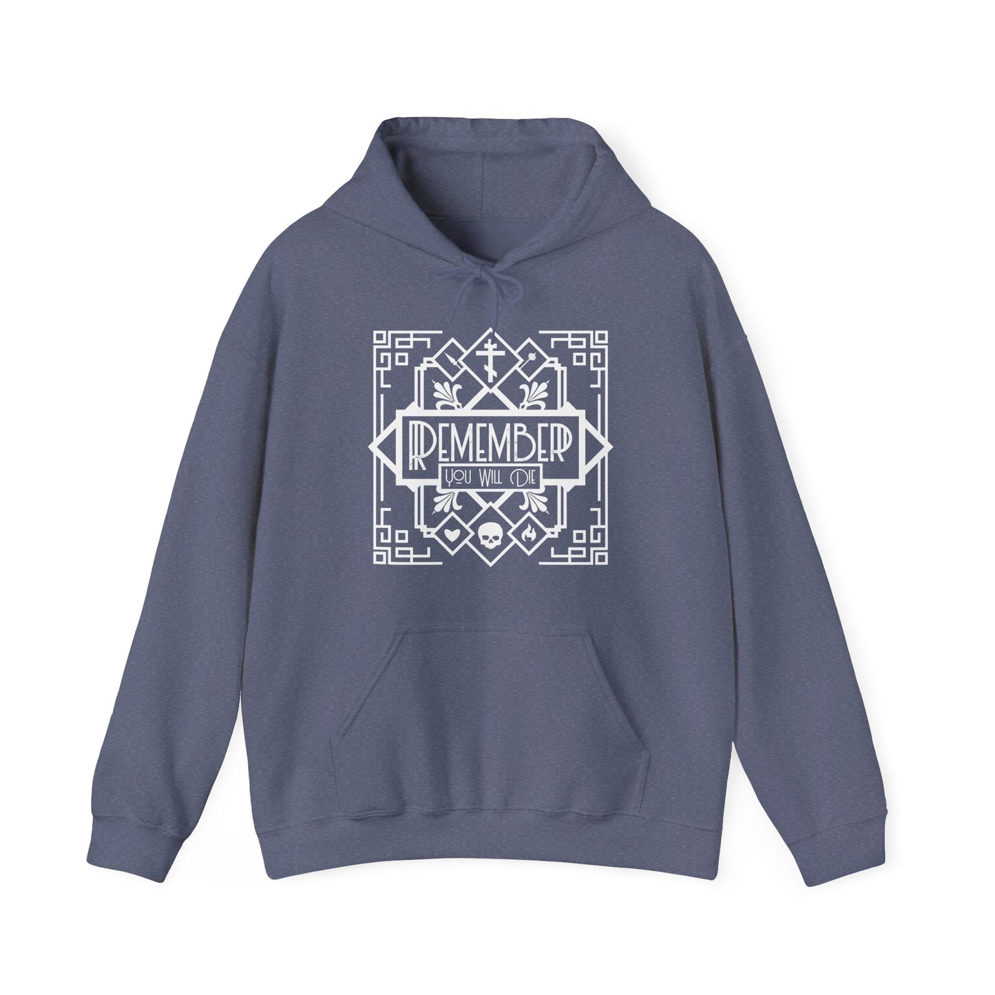 Heather navy hoodie featuring black and white line art with a skull, heart, and fire. "Remember You Will Die" text in an art deco design—an Orthodox Christian memento mori nod to Tuesday Vespers, Tone 6.